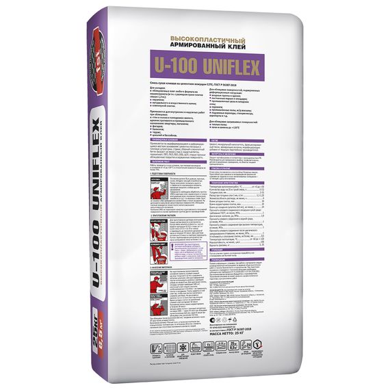 Клей для плитки Юнис U-100 UniFlex для внутренних и наружных работ, 25 кг, высокопластичный, изображение 2